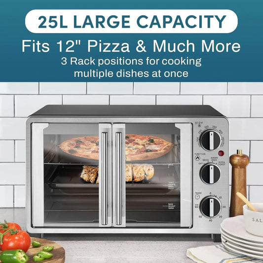 Double French Door Countertop Toaster Oven, Bake, Broil, Toast, Keep Warm, Fits 12" pizza, 25L capacity, Stainless Steel & Black